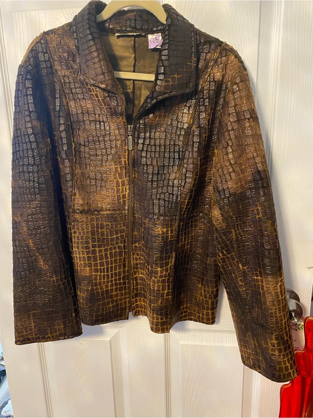 Fabric Croc-Embossed Zip Front Women's Leather look Jacket - Brown